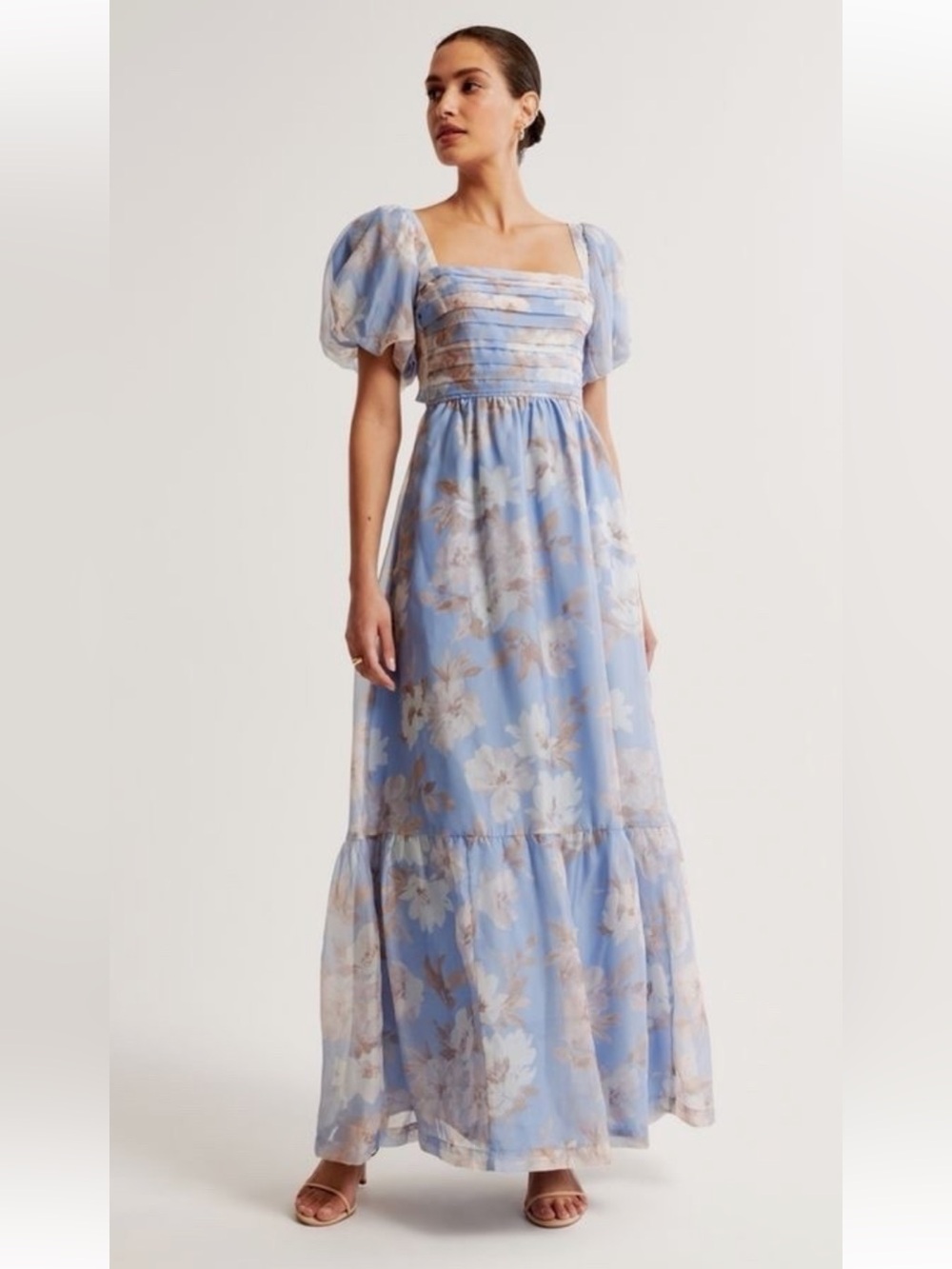 Abercrombie & Fitch Light Blue Floral Puff-Sleeve Maxi Dress